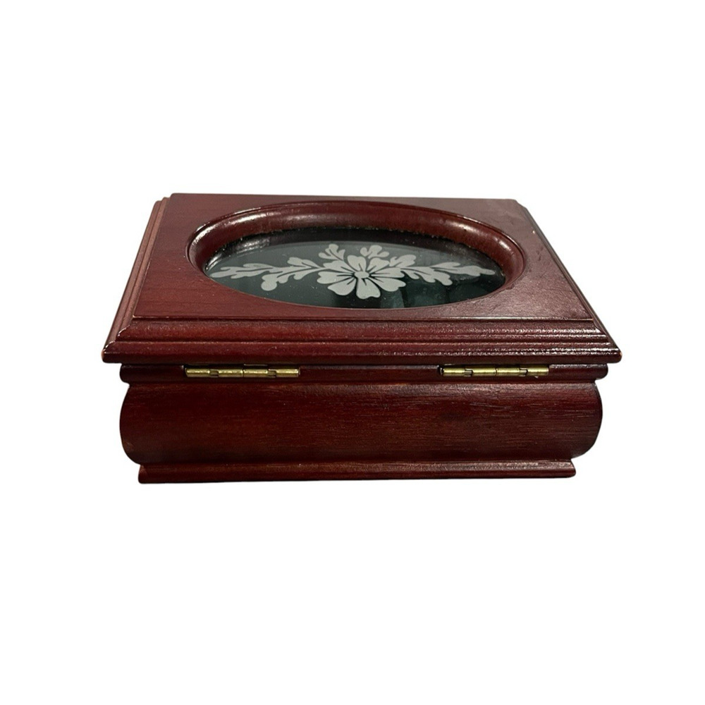 Vintage Small Wooden Jewelry Box with Etched Floral Glass Trinket Box Velvet - Picture 10 of 13